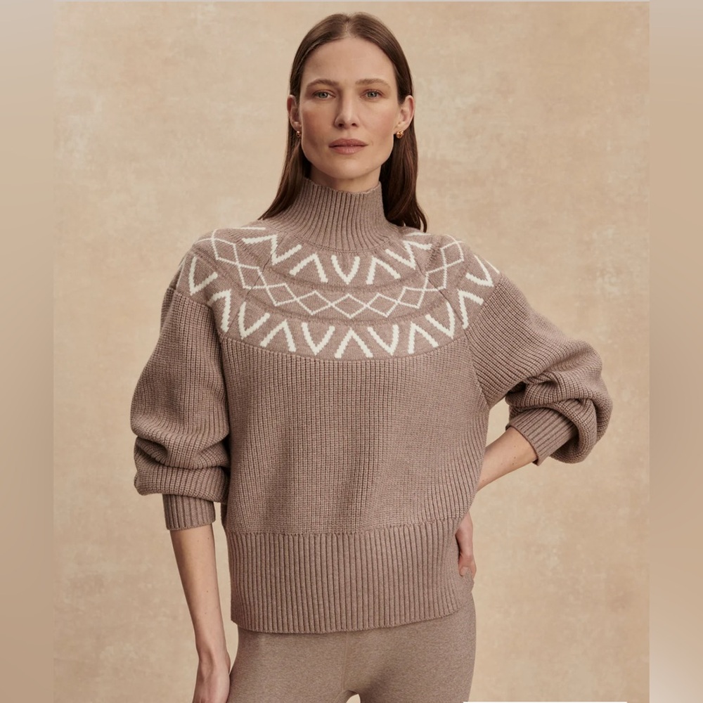 Varley Marcie Fair Isle Yoke Knit Taupe and‎ Cream Turtleneck Sweater